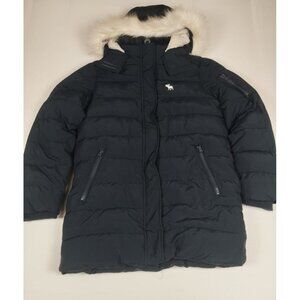 Abercrombie Kids Girls 15/16 Navy Blue Puffer Jacket Faux Fur Hood Winter Coat